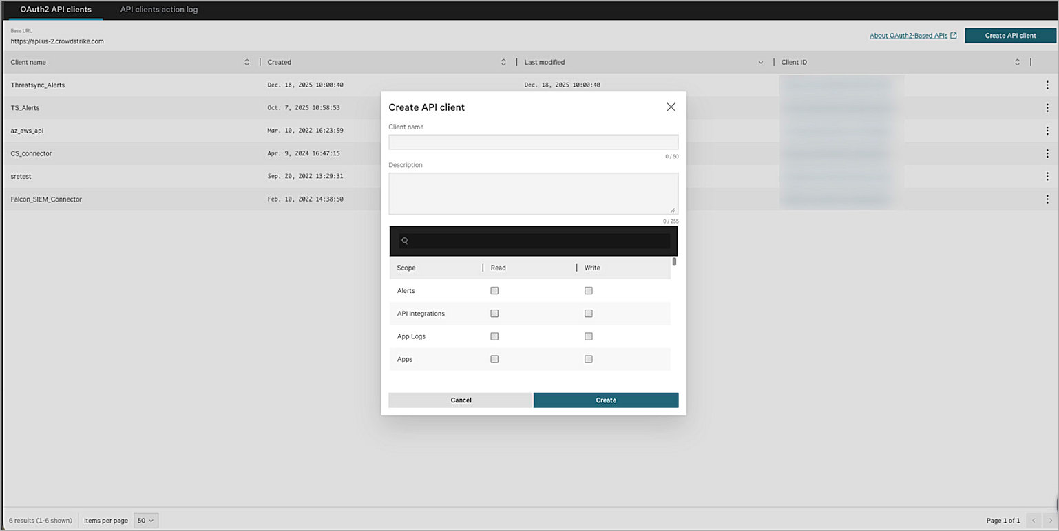 Screen shot of the Create API client dialog box